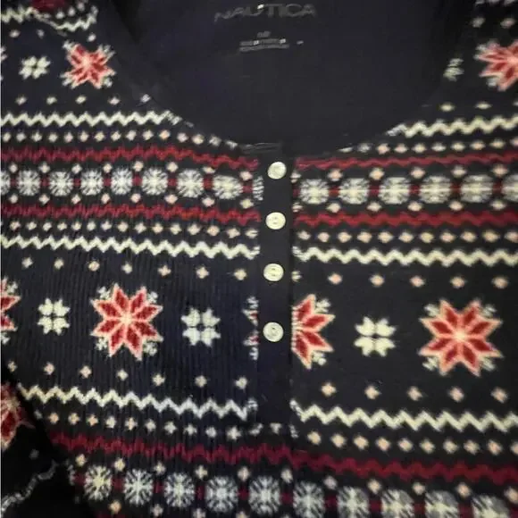 Nautica Sleepwear Two-Piece Set Women Large Cozy Night Winter Fair Isle Blue